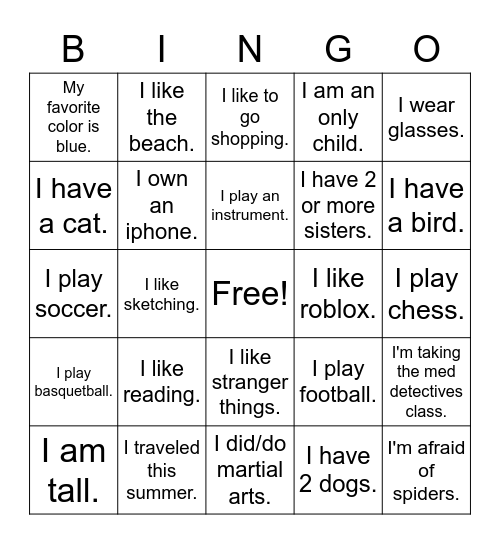 Getting to know each other Bingo Card