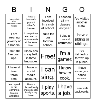 Life Experience Bingo Card