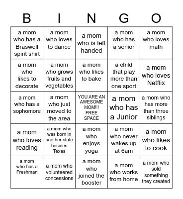 Mom Bingo Card