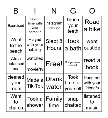 Personal Self Care Bingo Card