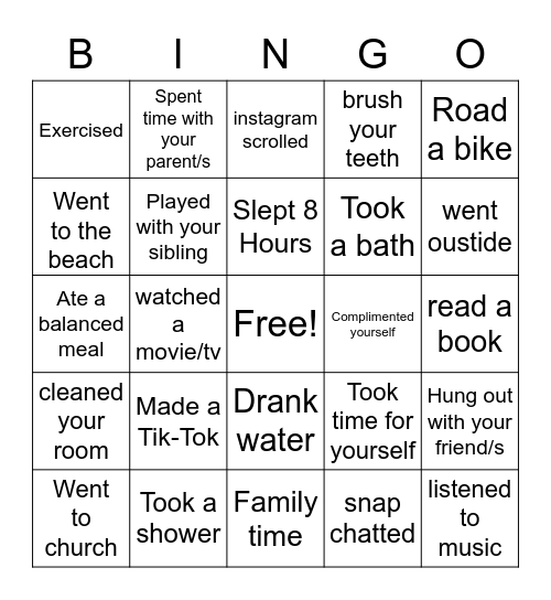 Personal Self Care Bingo Card