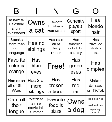 8th Grade US History Icebreaker Bingo Card