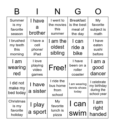 Get to Know Me Bingo Card