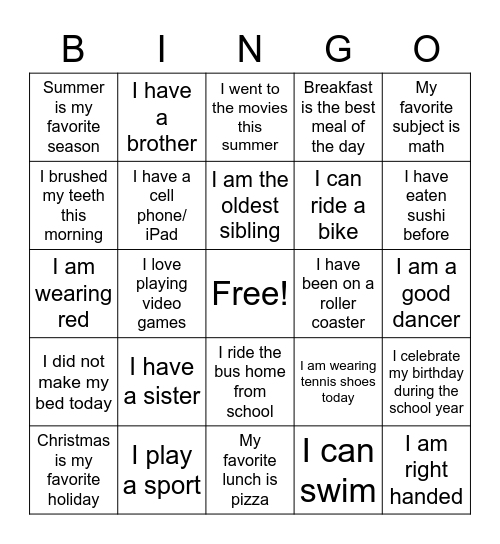 Get to Know Me Bingo Card