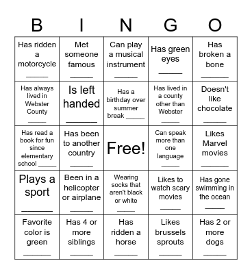 Human Scavenger Hunt Bingo Card