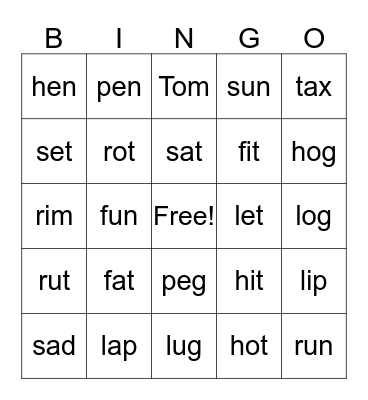 Short Vowel Bingo Card