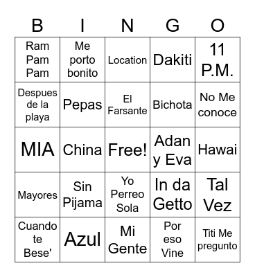 Latin Party Bingo Card
