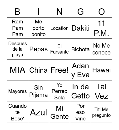 Latin Party Bingo Card