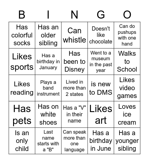 Middle School BINGO: Find someone who... Bingo Card