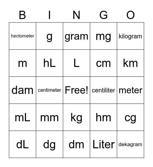 Metric System Practice Bingo Card