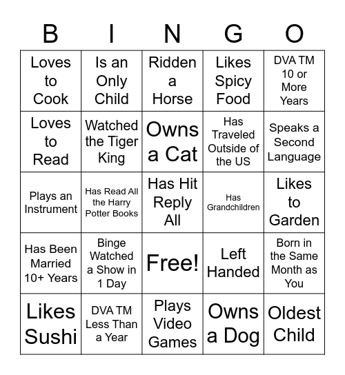 Mingle Bingo - Team Unity Bingo Card