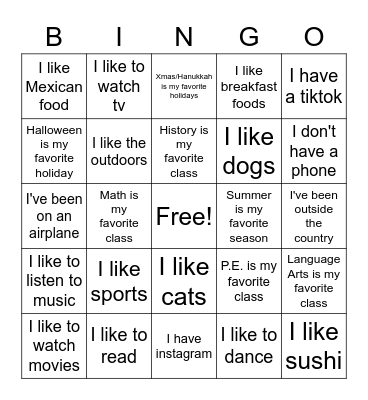 Get to Know Me Bingo! Bingo Card