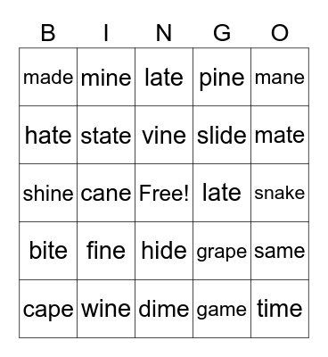 Long a & i Bingo Card