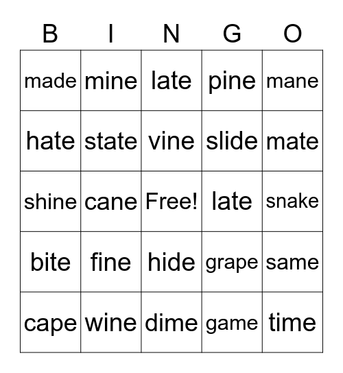 Long a & i Bingo Card