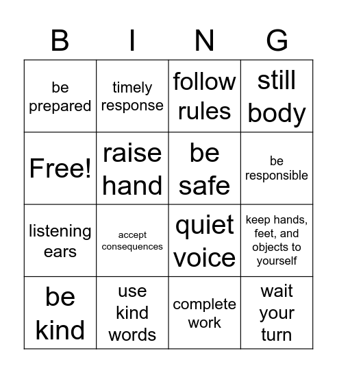 classroom expectations Bingo Card