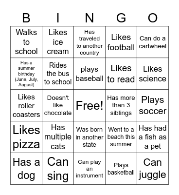 First Day Bingo Card