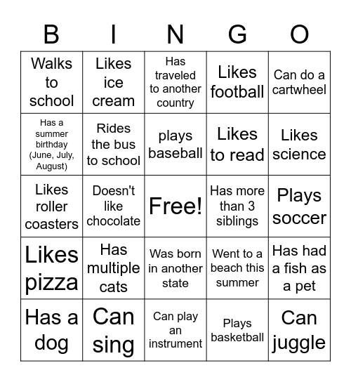 First Day Bingo Card