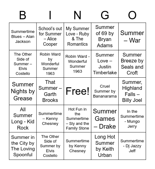 Summer Song BINGO Card