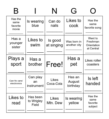 Classmate Bingo Card