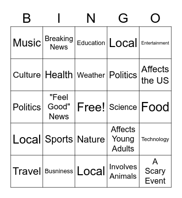 Current Events Bingo Card