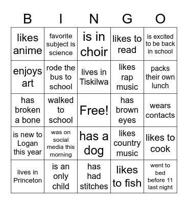 First Day Bingo Card