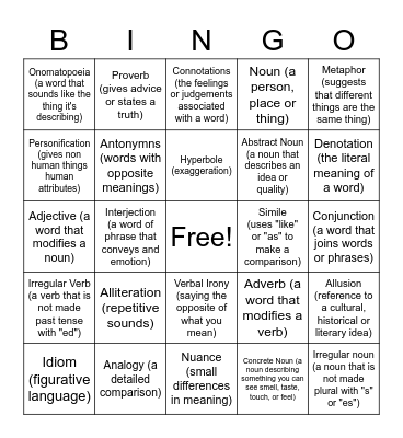 Reading Vocabulary 1 Bingo Card