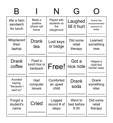 First Week of School Teacher BINGO Card