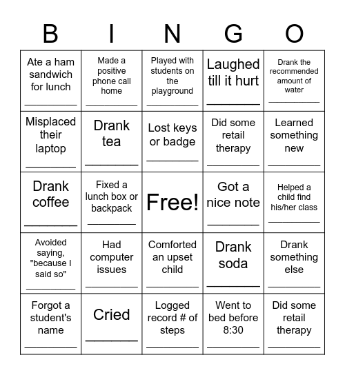 First Week of School Teacher BINGO Card