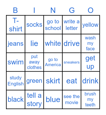 Review for Colors, Clothes, and verb (phrases) Bingo Card