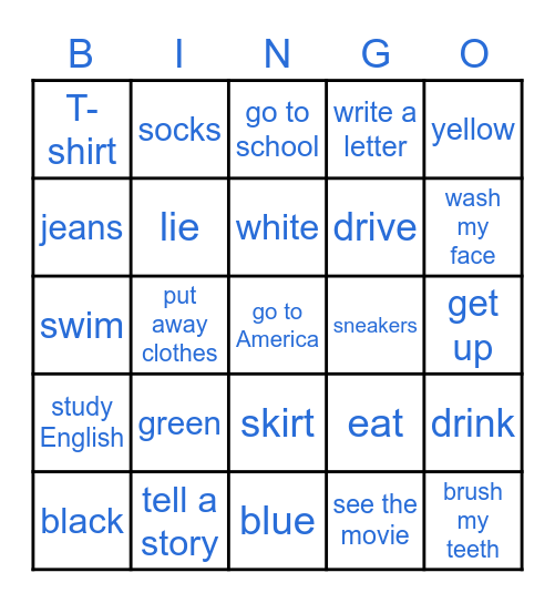 Review for Colors, Clothes, and verb (phrases) Bingo Card