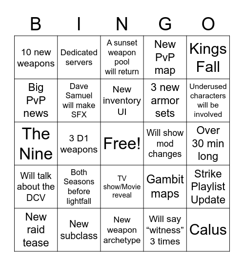 Bungie Showcase Bingo Card