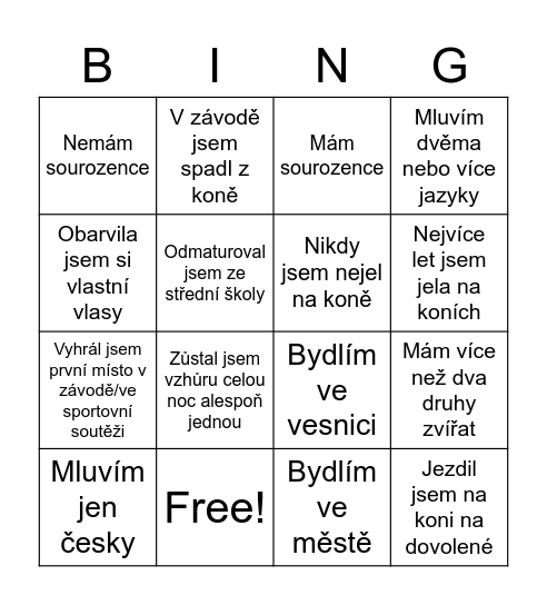 Seznamovací Bingo Card