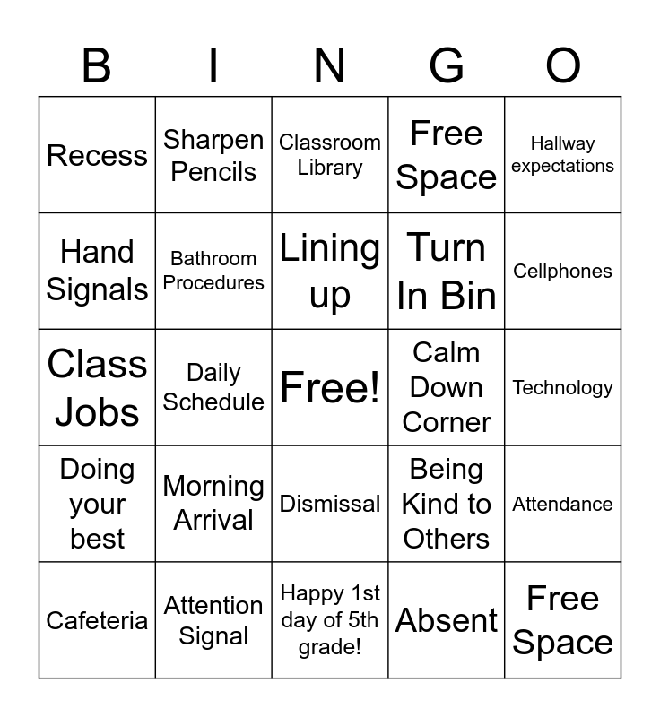 Class Procedures BINGO Card