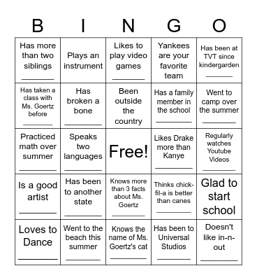 First Day of School Bingo Card