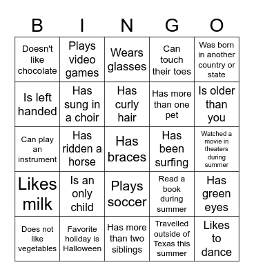 Getting to Know You Bingo Card