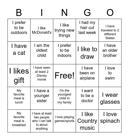 Ice breaker Bingo Card