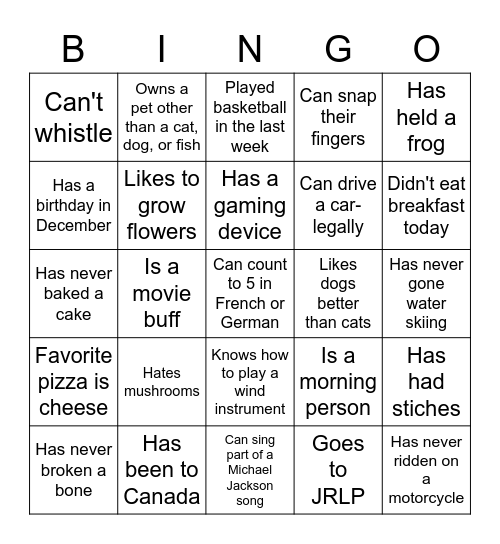 Getting to Know You Bingo Card