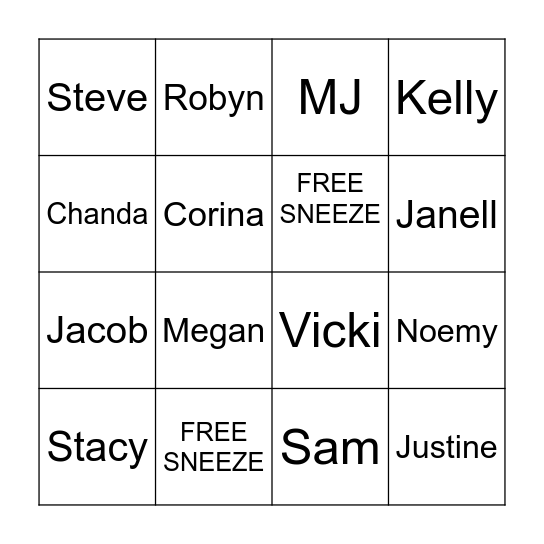 SNEEZO 2022 Bingo Card