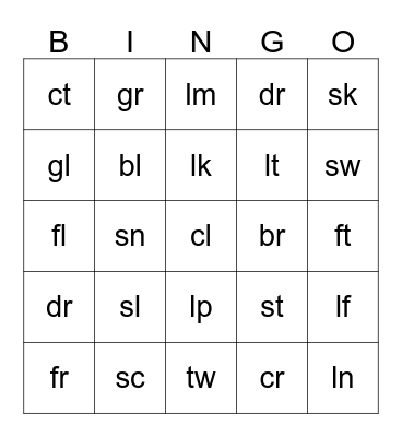 Consonant Cluster Bingo Card