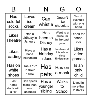 Middle School BINGO: Find someone who... Bingo Card