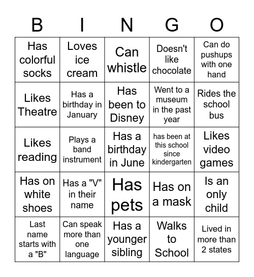 Middle School BINGO: Find someone who... Bingo Card