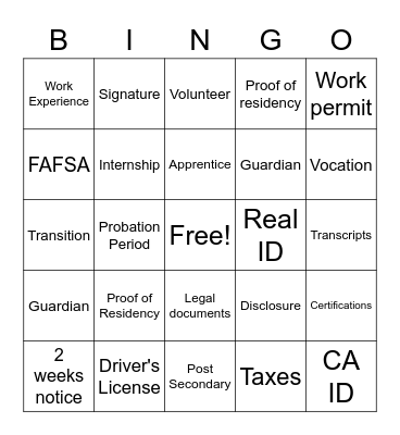Transition Bingo Card