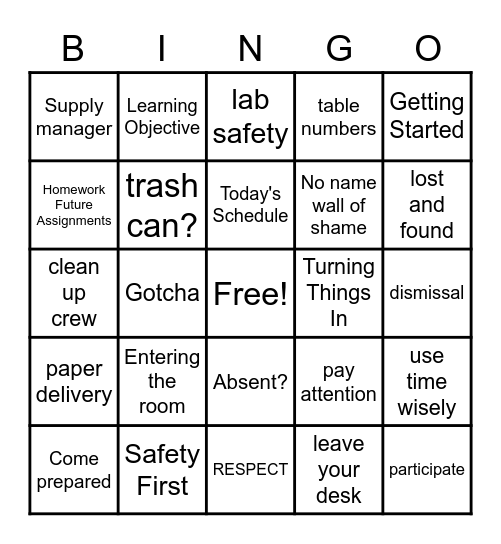 Rivas' Room Bingo Card