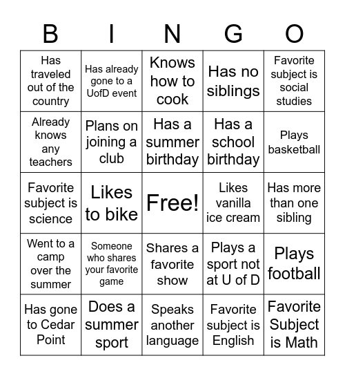 Icebreaker Bingo Card