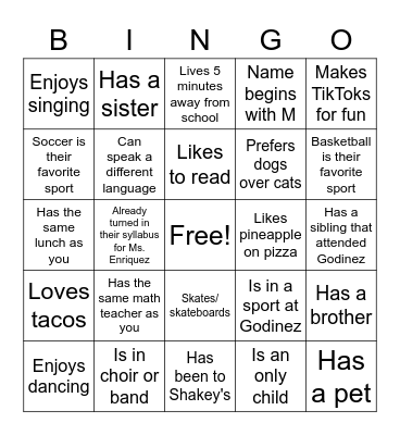 Classmate Bingo Card