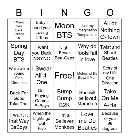 Boy Bands Bingo R1 Bingo Card