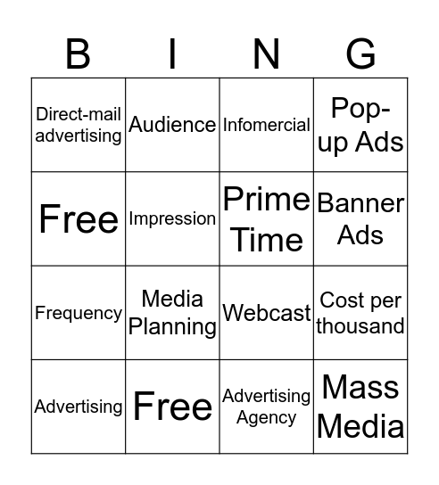 Advertising Bingo Card