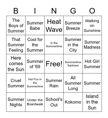 Summertime Songs Bingo Card