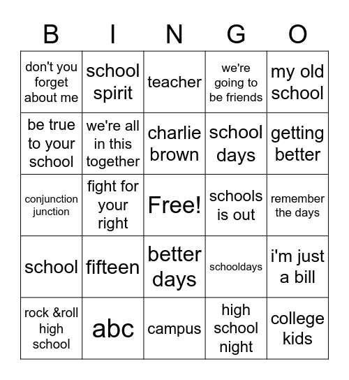 back to school Bingo Card