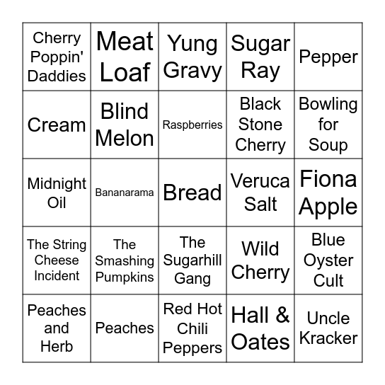 Food Band Names Bingo Card
